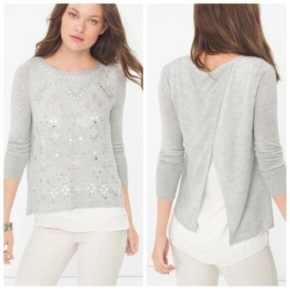 White House Black Market Sweaters - White House Black Market Sweater M Medium Studded Embellished Split Back Gray